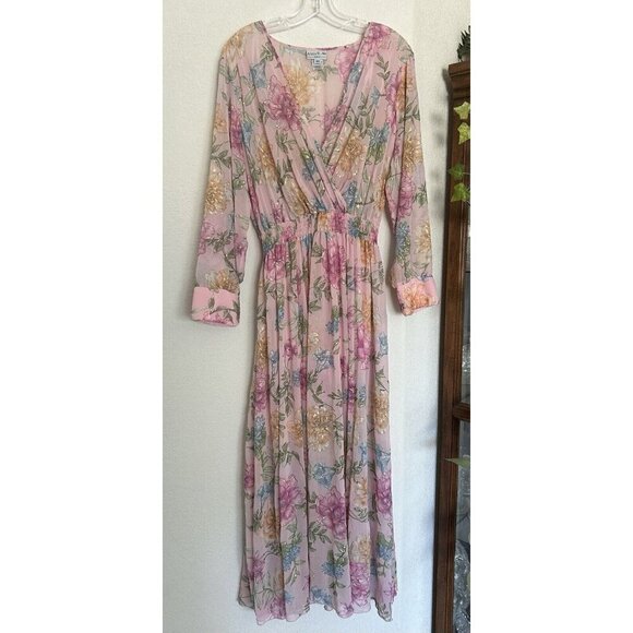 Alexa B Nites Maxi Dress Womens 16 Pink Sheer Floral Fairy Cottagecore Surplice - Picture 1 of 8